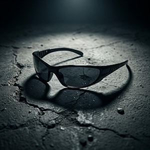 May include: Black sunglasses with a wraparound design, resting on a cracked, dark gray surface. The sunglasses have a sleek, modern look with dark lenses and a textured frame. The image is lit from above, casting a shadow.