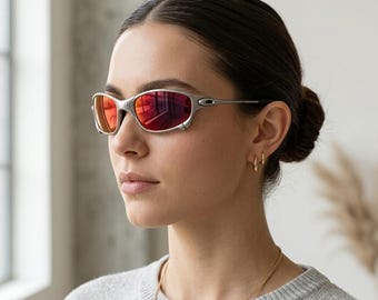 X Metal Red Mirror Sunglasses, Y2K Wrap Sport Shades, Gothic Rave Eyewear, Futuristic Silver Frame Glasses UV400 Unisex