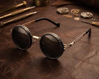 Steampunk Round Sunglasses Gothic Punk Eyewear, Retro Circle Shades Gold Silver Black, Vintage Festival Glasses Unisex