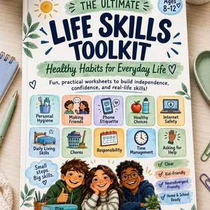 May include: A softcover book titled The Ultimate Life Skills Toolkit: Healthy Habits for Everyday Life, designed for ages 8-12. The cover features illustrations of three children, icons for various life skills, and the text Small steps. Big skills.