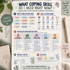 以下が含まれることがあります： 13歳から18歳向けのメンタルヘルスワークシート「What Coping Skill Do I Need Right Now?」。感情や身体感覚、対処法をチェックリスト形式でまとめた5つのセクションで構成された、印刷可能なドキュメントです。