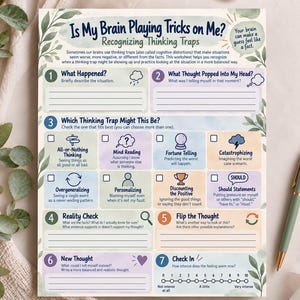 Può includere: Una scheda di terapia cognitivo-comportamentale intitolata Is My Brain Playing Tricks on Me? Recognizing Thinking Traps. Il documento presenta sette sezioni numerate con suggerimenti, caselle di controllo e una scala da 0 a 10.