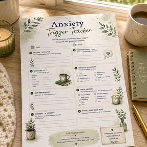May include: An Anxiety Trigger Tracker worksheet featuring a white background with green watercolor leaf accents. The form includes sections for date, time, triggers, thoughts, emotions, physical sensations, responses, patterns, and a gentle reminder.