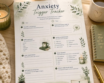 Feuille de travail sur le suivi des déclencheurs d'anxiété | Journal de l'anxiété imprimable | Outil de régulation émotionnelle et de conscience de soi