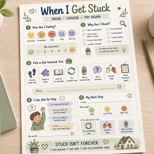 May include: A printed educational worksheet titled When I Get Stuck with sections for identifying feelings, understanding obstacles, choosing tools, asking for help, and planning next steps, featuring colourful icons, text, and a cartoon illustration.