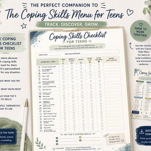 May include: A Coping Skills Checklist for Teens document on a clipboard, featuring a grid to track activities like deep breathing, yoga, and journaling. The page includes sections for dates, notes, and top five skills, with a pen and a smaller menu sheet.