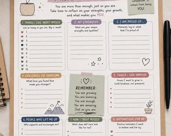 Self-Esteem Reflection Page for Teens | Confidence Building Printable | Teen Therapy & Self-Worth Worksheet