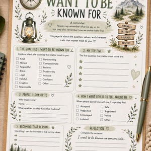 Teen Character Building Worksheet, Values, Identity, Confidence (Digital Download)