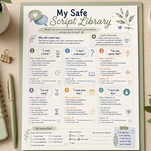 Mi biblioteca de guiones seguros / Hoja de trabajo de comunicación neurodivergente / Habilidades sociales para el autismo / Recurso sobre autodefensa y límites para niños