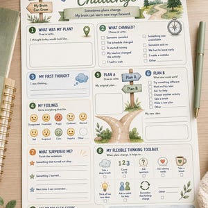 May include: A My Plan B Challenge worksheet featuring nine sections for emotional regulation and flexible thinking. The document includes prompts, checkboxes, and illustrations of signs, trees, and a compass, with text guiding users through processing unexpected changes in their daily plans.