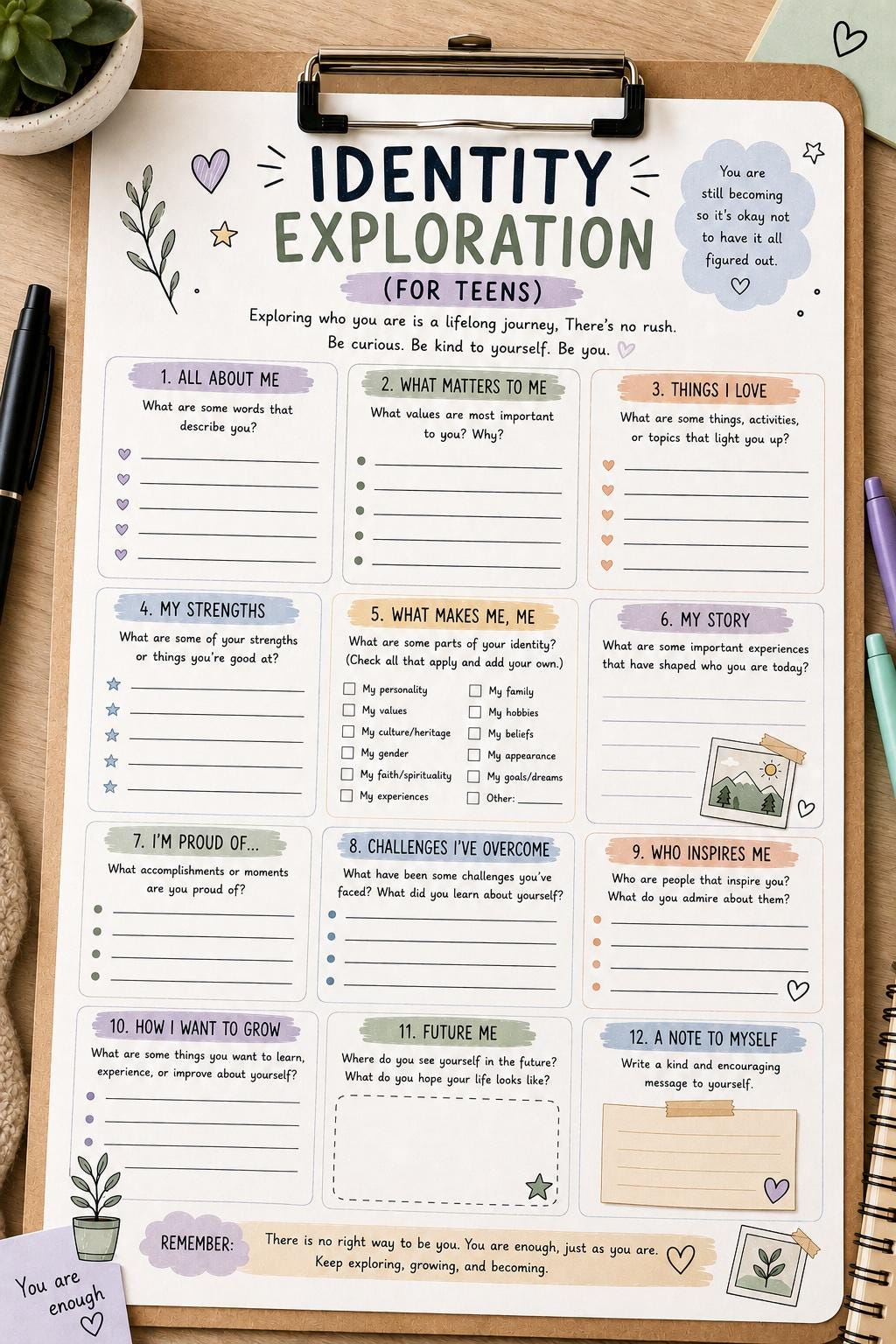 Identity Exploration Worksheet for Teens | Self-discovery & Reflection ...