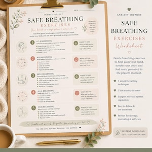 May include: An anxiety support worksheet on a clipboard featuring five breathing exercises: 4-7-8, box, belly, 4-4-4, and sigh breathing. The document includes instructional text, illustrations, and a section for when to use each technique, with a gold pen placed below.