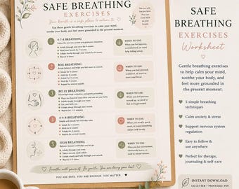 Feuille de travail sur les exercices de respiration sans danger | Soulagement de l'anxiété, régulation du système nerveux (PDF imprimable)