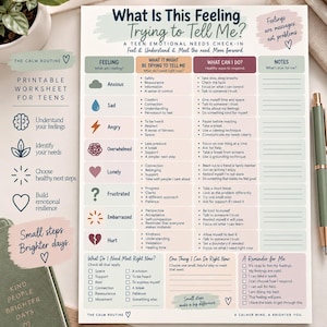 May include: A printable worksheet titled What Is This Feeling Trying to Tell Me? A Teen Emotional Needs Check-In. The document features a table with columns for feelings, needs, and actions, alongside sections for notes, reminders, and checklists.