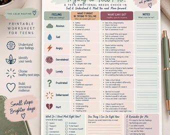 Emotional Needs Worksheet for Teens | Feelings Check In & Coping Skills | Teen Therapy Mental Health Printable