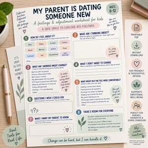Könnte beinhalten: Ein druckbares Arbeitsblatt mit dem Titel My Parent Is Dating Someone New, konzipiert für Kinder im Alter von 6 bis 12 Jahren. Das Dokument enthält acht nummerierte Abschnitte mit Aufforderungen zum Schreiben oder Zeichnen über Gefühle und Veränderungen.