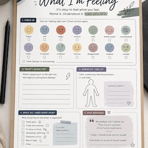 Op de afbeelding: Een werkblad getiteld What I'm Feeling op een klembord. Het bevat secties voor het identificeren van emoties met iconen, het bijhouden van fysieke sensaties op een lichaamsomtrek, het noteren van behoeften en zelfzorgherinneringen.