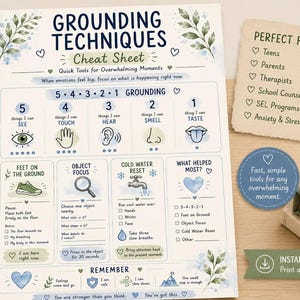 Puede incluir: Una hoja informativa blanca titulada Grounding Techniques Cheat Sheet con texto azul y detalles de hojas en acuarela. Incluye una guía de conexión a tierra 5-4-3-2-1, secciones para pies en el suelo, enfoque en objetos y recordatorios.