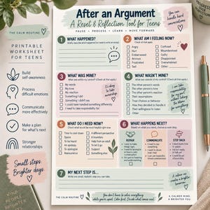 May include: A printable worksheet titled After an Argument: A Reset & Reflection Tool for Teens. The document features seven numbered sections with checkboxes and prompts for emotional processing, coloured in soft pastel green, pink, and cream tones.