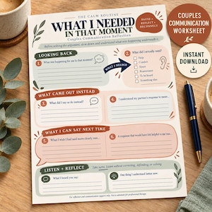 Puede incluir: Una hoja de trabajo de comunicación en pareja titulada The Calm Routine: What I Needed In That Moment. El documento incluye secciones de reflexión, como Looking Back, What Came Out Instead, What I Can Say Next Time y Listen + Reflect.