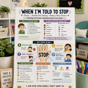 Puede incluir: Un póster educativo laminado titulado When I'm Told To Stop, que presenta una guía de seis pasos para la regulación emocional. El gráfico incluye ilustraciones coloridas, listas de verificación y textos para ayudar a los niños a procesar emociones.