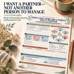 Op de afbeelding: Een geprint werkblad getiteld "When I Feel More Like a Parent Than a Partner" met zeven secties voor relatiebeheer, inclusief selectievakjes, diagrammen en lege velden om in te vullen, versierd met aquarelachtige bladillustraties.