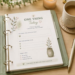 May include: A white planner page inside a sage green binder featuring the text ONE THING Today, with sections for focus, reasons, and daily tasks. The page is decorated with botanical illustrations of leafy stems and small hearts in soft green and brown tones.