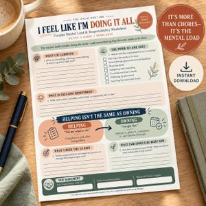 Pode incluir: Uma folha de trabalho intitulada I Feel Like I'm Doing It All, um documento sobre a carga mental e responsabilidades do casal. O documento apresenta secções para registar tarefas, identificar ressentimentos e definir a responsabilidade.