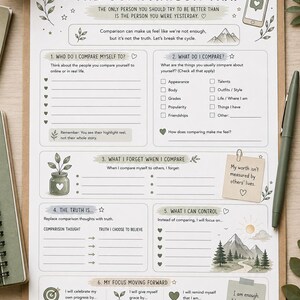 May include: A printed worksheet titled The Comparison Trap with sections for self-reflection, including prompts about personal growth, comparison habits, and daily reminders. The document features green botanical illustrations, mountain graphics, and text.