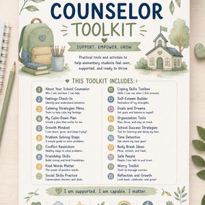 Op de afbeelding: Een School Counselor Toolkit poster met aquarelillustraties van een rugzak, schoolgebouw en bladeren. De tekst bevat de titel, een lijst met twintig genummerde activiteiten en motiverende zinnen zoals I am supported, I am capable, I matter.