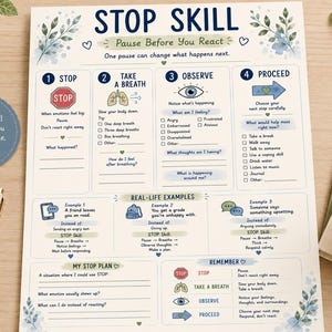 Könnte beinhalten: Ein weißes Arbeitsblatt mit der Überschrift STOP SKILL, blauem Text und botanischen Illustrationen. Es beschreibt einen vierstufigen Prozess: Stop, Take a Breath, Observe und Proceed. Das Blatt enthält Checklisten, Beispiele aus dem Alltag und einen Bereich für einen persönlichen Plan zur Bewältigung emotionaler Reaktionen.