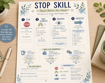 Feuille de travail technique STOP pour adolescents | Activité d'adaptation sur la régulation des émotions DBT (téléchargement numérique)