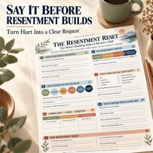 May include: A printed worksheet titled The Resentment Reset featuring seven sections for communication and reflection. The document includes prompts like What Has Been Building, My Resentment Meter, and Complaint to Need to Request with blank lines for writing.