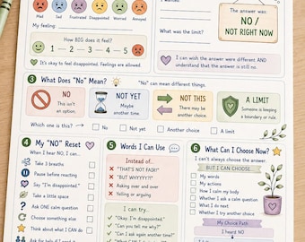 May include: A printed educational worksheet titled WHEN I HEAR NO, featuring six numbered sections with text, icons, and checkboxes to help process disappointment. The layout includes emotional scales, choice prompts, and coping strategies in a soft color palette.