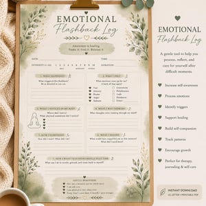 May include: An Emotional Flashback Log printable worksheet on a clipboard with green watercolor leaf accents. The form includes sections for date, time, intensity, and prompts to record triggers, physical sensations, thoughts, and self-care strategies.