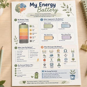 May include: A My Energy Battery worksheet printed on white paper with sections for tracking energy levels, identifying drains, and planning recharge activities. The design features a colorful battery graphic, icons, and text prompts in soft green, blue, and orange tones.