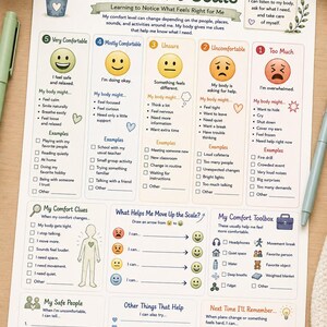 May include: A My Personal Comfort Scale chart printed on white paper, featuring five numbered emotional levels from 1 to 5 with corresponding emoji faces, text descriptions, and checkboxes for tracking comfort levels, body clues, and coping strategies.