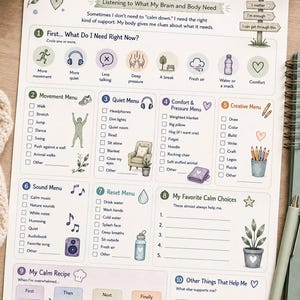 May include: A My Calm Choices Menu worksheet featuring ten numbered sections with checklists and icons for self-regulation. The document includes categories like Movement, Quiet, Comfort, Creative, Sound, and Reset menus, with a My Calm Recipe section.