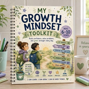 May include: A spiral-bound workbook titled My Growth Mindset Toolkit for ages 6-10 years. The cover features an illustration of two children with backpacks looking at a sunrise, a wooden signpost with motivational text, and the phrases I can learn, I can grow, I can do hard things.