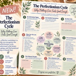 May include: A reflective worksheet titled The Perfectionism Cycle: Why Nothing Ever Feels Good Enough. The document features numbered sections from 1 to 8, checkboxes, and a central circular diagram illustrating the cycle of perfectionism.