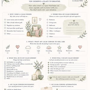 Könnte beinhalten: Ein druckbares My Calm Corner Plan Arbeitsblatt mit Abschnitten zur Planung eines persönlichen Raums, einschließlich Checklisten für Standort, sensorische Vorlieben und Grenzen, verziert mit zarten grünen botanischen Illustrationen.