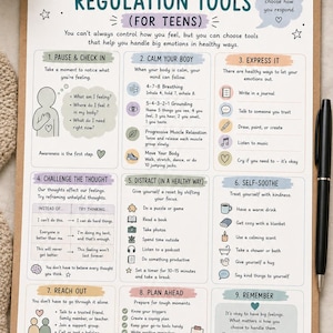 May include: A clipboard featuring an educational chart titled Emotional Regulation Tools (For Teens). The document includes nine numbered sections with text and icons detailing coping strategies, a My Go-To Toolkit list, and an affirmation section.