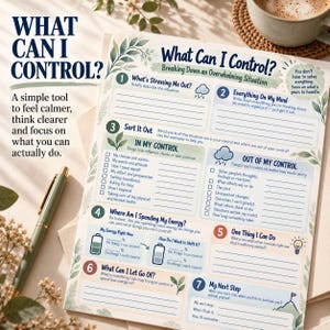 May include: A printed worksheet titled What Can I Control? Breaking Down an Overwhelming Situation, featuring seven numbered sections with prompts, checkboxes, and blank lines for writing, decorated with green leaf illustrations and blue accents.