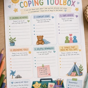 May include: A My Child Coping Toolbox worksheet featuring six numbered sections for calming activities, comfort items, safe people, grounding tools, helpful reminders, and safety. The page includes colorful illustrations of a sun, cloud, teddy bear, and a toolbox.