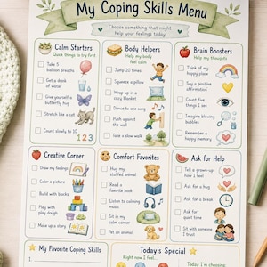 May include: A printed My Coping Skills Menu chart featuring six categorised sections with checkboxes and illustrations. The sections include Calm Starters, Body Helpers, Brain Boosters, Creative Corner, Comfort Favourites, and Ask for Help, with a Today's Special section at the bottom for tracking feelings and choices.
