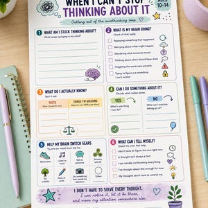 Può includere: Una scheda di lavoro bianca intitolata When I Can't Stop Thinking About It per ragazzi dai 10 ai 14 anni. Il documento presenta sei sezioni numerate con suggerimenti, caselle di controllo e illustrazioni colorate tra cui un cervello, una bilancia e una pianta.