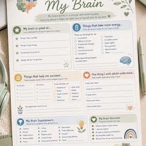 May include: A white paper worksheet titled Understanding My Brain with sections for strengths, energy levels, support tools, and reflections. The layout features colorful icons, checkboxes, and prompts in blue, green, and orange, with a puzzle-piece brain graphic.