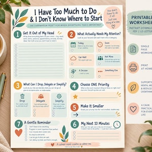 May include: A printable worksheet titled I Have Too Much to Do & I Don't Know Where to Start. The document features seven numbered sections for task management, including lists, categories, and a gentle reminder, with soft pastel colors.
