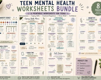 Lot de feuilles de travail sur la santé mentale des adolescents | Anxiété, capacités d'adaptation, régulation émotionnelle (version imprimable)