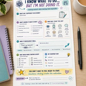 May include: A white paper worksheet titled I KNOW WHAT TO DO... BUT I'M NOT DOING IT. AGES 10-14, featuring numbered sections with prompts, checkboxes, and icons to help with task management, goal setting, and reflection, printed in blue, purple, and yellow.